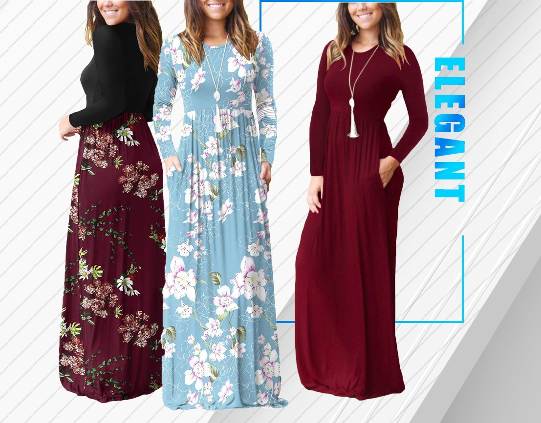 Women Long Sleeve Loose  Pockets Long Dresses