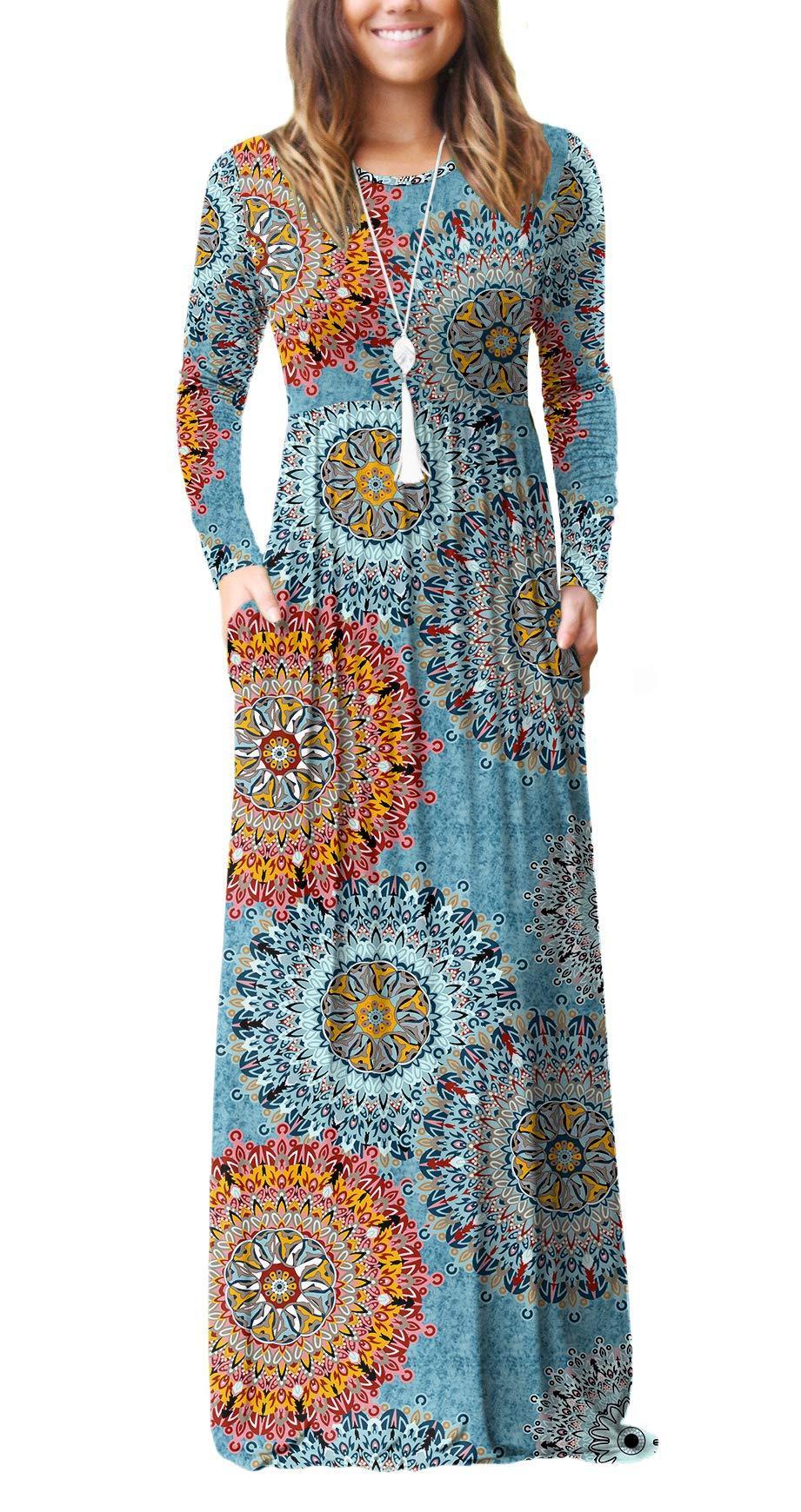 Women Long Sleeve Loose  Pockets Long Dresses