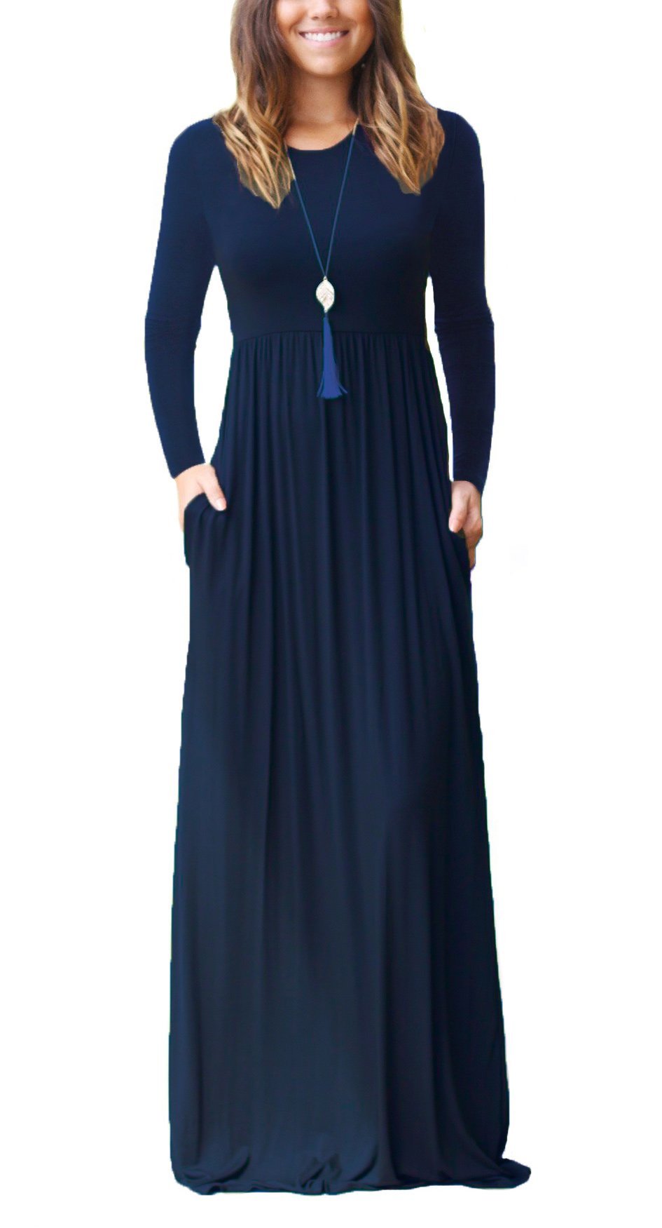 Women Long Sleeve Loose  Pockets Long Dresses