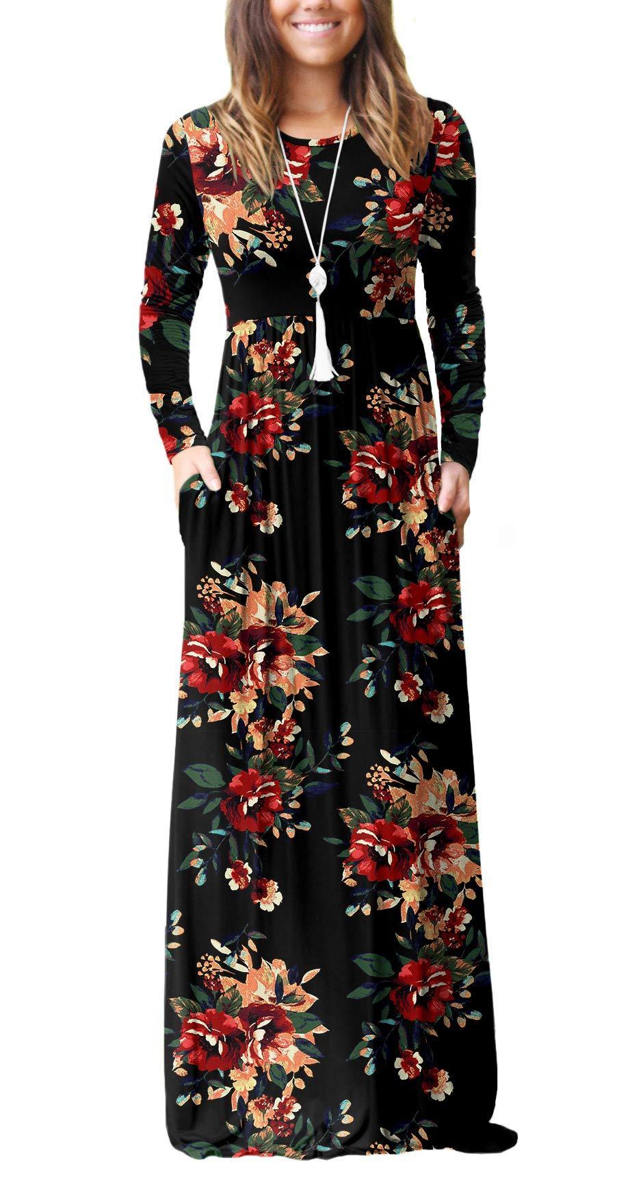 Women Long Sleeve Loose  Pockets Long Dresses