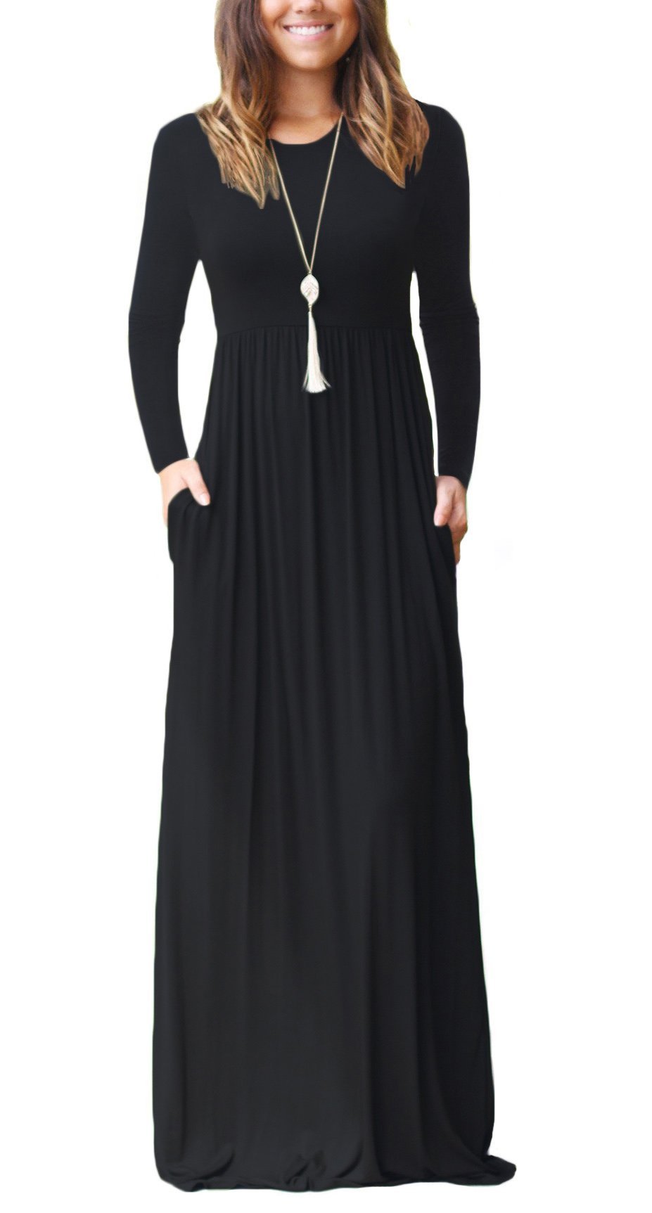 Women Long Sleeve Loose  Pockets Long Dresses