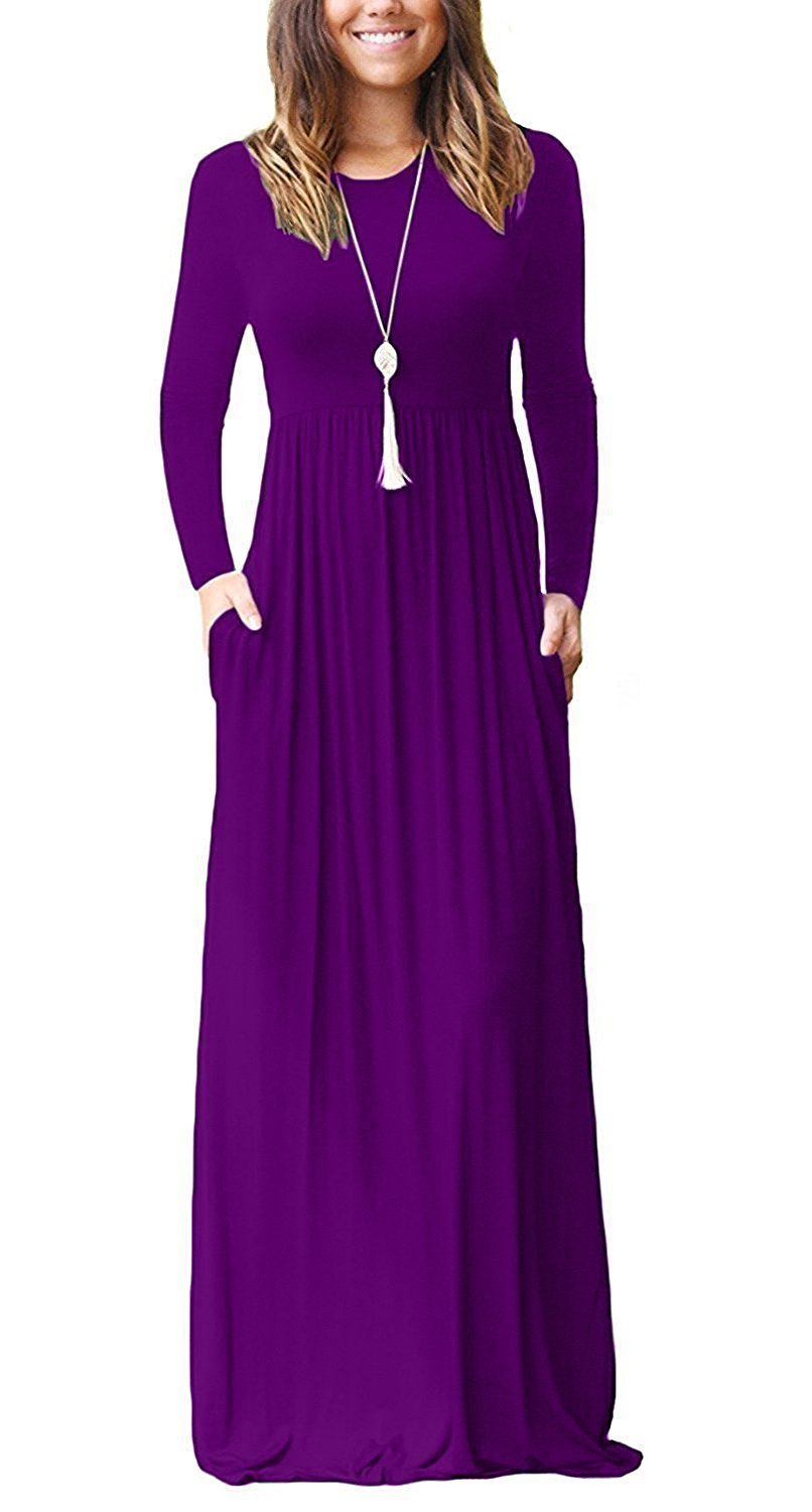 Women Long Sleeve Loose  Pockets Long Dresses