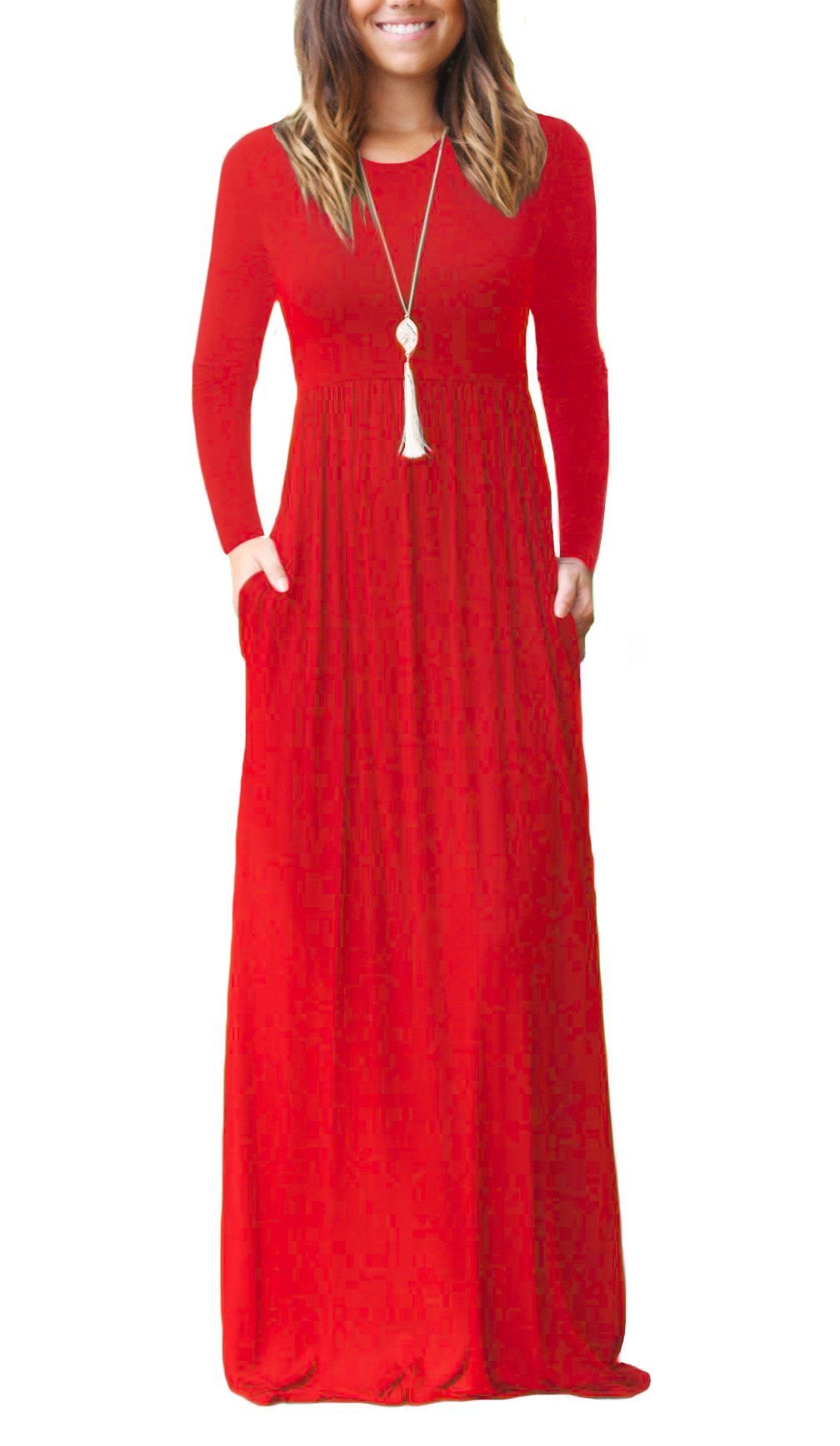 Women Long Sleeve Loose  Pockets Long Dresses