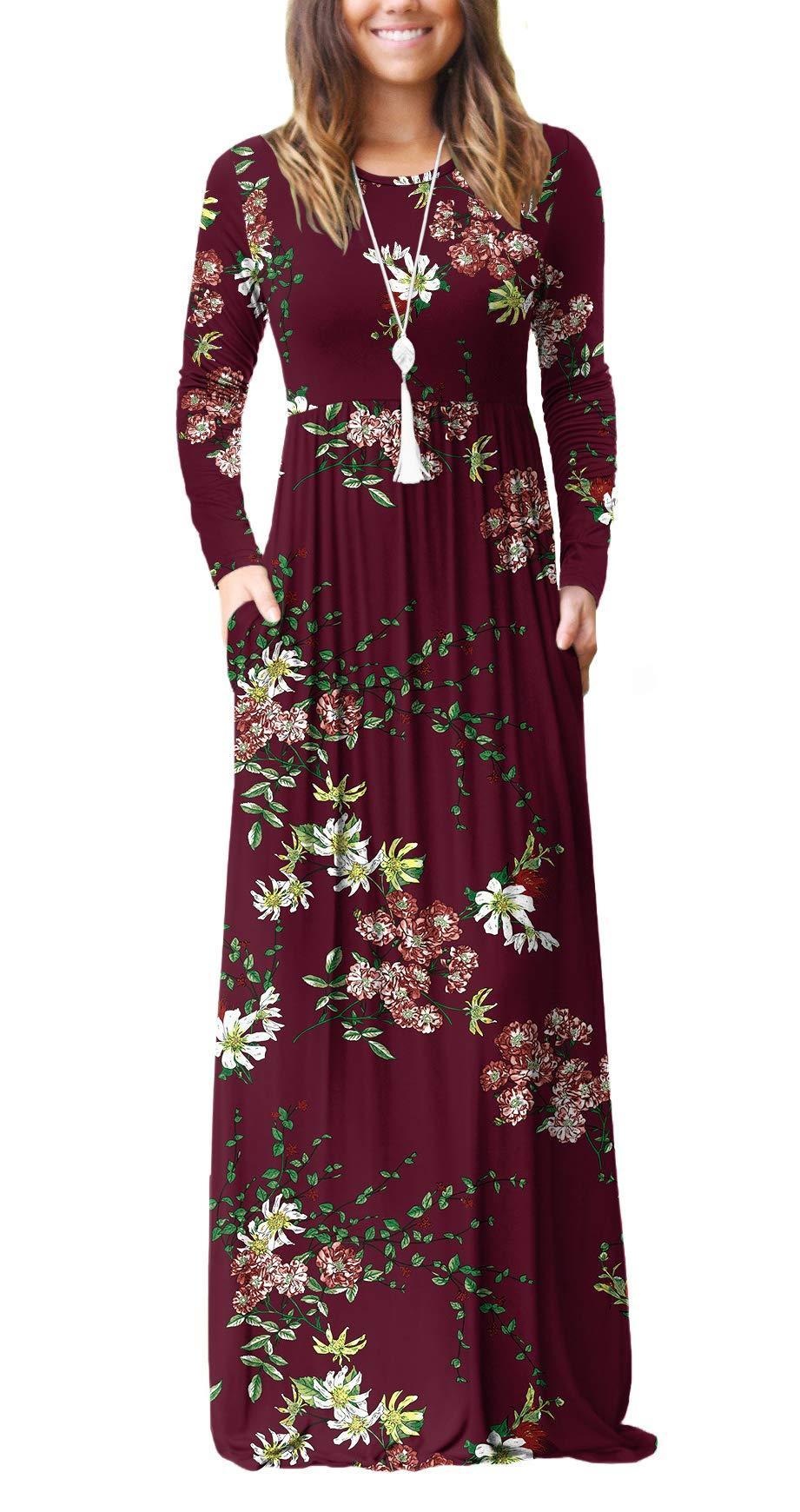 Women Long Sleeve Loose  Pockets Long Dresses