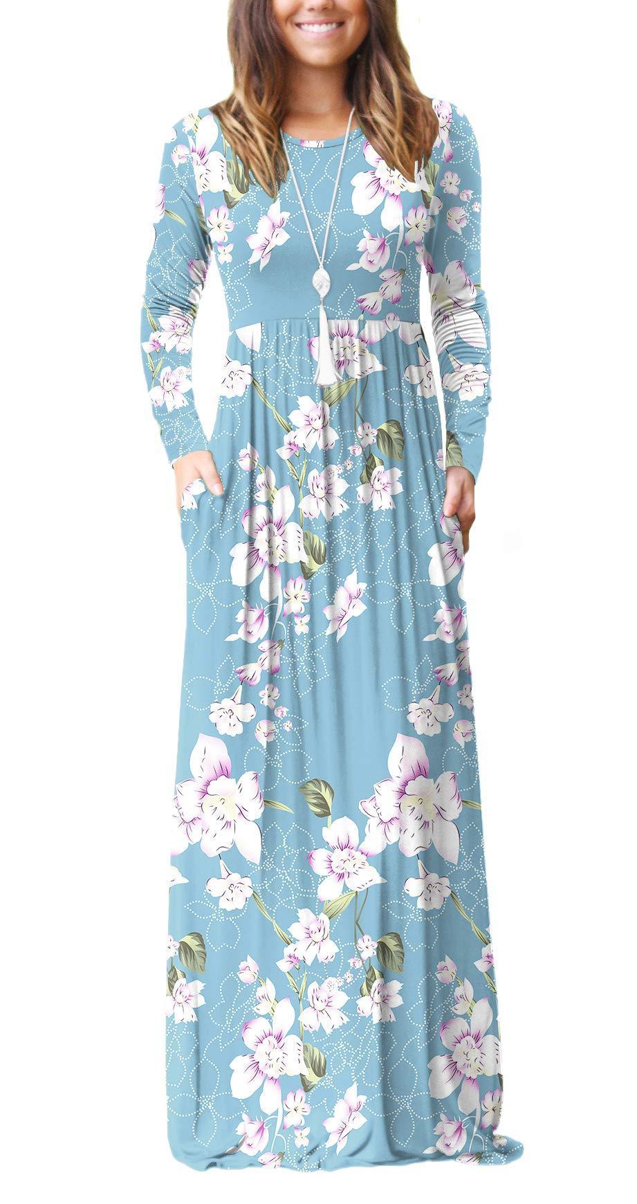 Women Long Sleeve Loose  Pockets Long Dresses