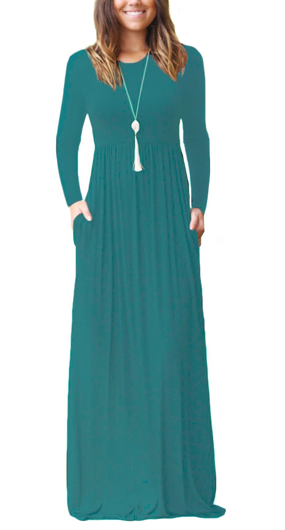 Women Long Sleeve Loose  Pockets Long Dresses